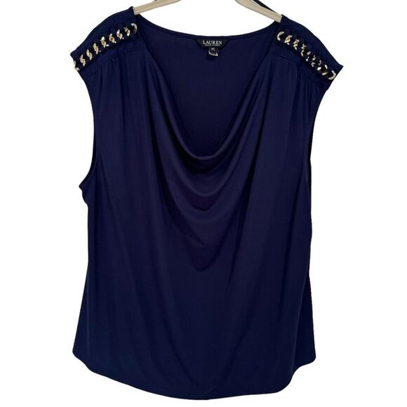 Lauren Ralph Lauren Women's Jersey Cowl Neck Top 3X Navy NWOT Gold Chain Detail - Picture 1 of 7